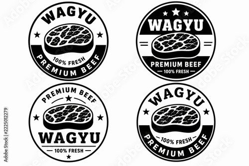 Collection of four circular badges featuring the words 'Wagyu Premium Beef' surrounding a stylized cut of meat, all in a classic stamp design