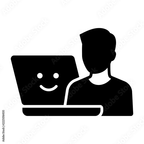 Person Using Laptop Computer With Smiley Face On Screen Black Silhouette Icon