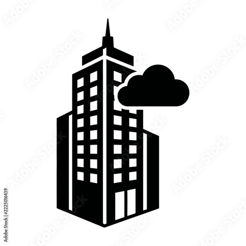 Black Skyscraper With Cloud Icon, Minimalist Urban Architecture Silhouette Design