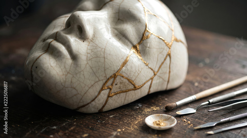 Kintsugi Ceramic Face Mask Repaired with Gold Lacquer Concept