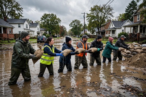 Community volunteers passing sandbags in a human chain to protect a flooded suburban neighborhood from rising water during a severe storm