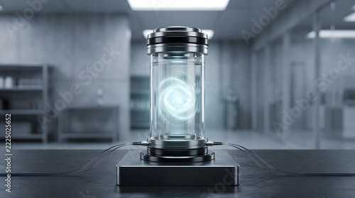 Futuristic cylindrical containment vessel with glowing energy inside a laboratory setting.