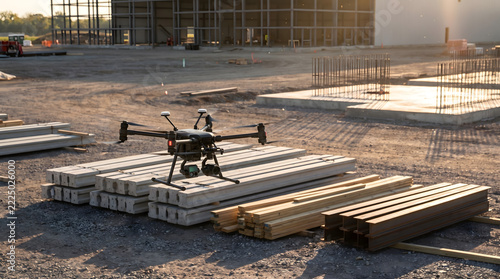 A commercial drone hovers over construction materials at a large outdoor building site during daylight.
