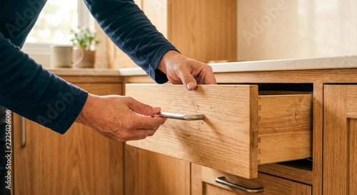 Hands opening solid oak kitchen drawer