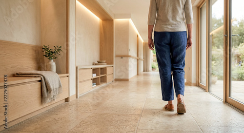 Woman in linen trousers walking along bright minimalist hallway