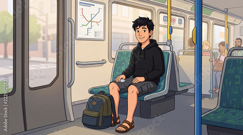 Young man wearing black hoodie and backpack riding public transportation illustration
