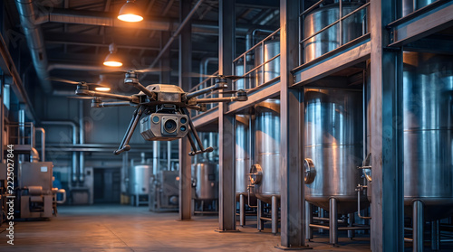 Industrial drone inspecting large manufacturing facility with metal storage tanks and machinery.
