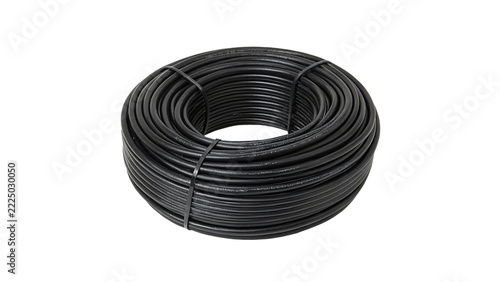 A large roll of black industrial electric cable isolated on white background