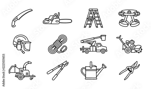 Arboriculture equipment line icons set with saw, chainsaw, ladder, harness, safety helmet, rope, bucket truck, chipper