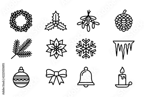 Winter holiday line icons with wreath, holly, pinecone, snowflake and candle for Christmas
