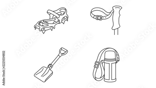 Winter Adventure Gear: A collection of essential equipment for winter expeditions, including ice climbing crampons, a trekking pole, a snow shovel, and a thermos flask.