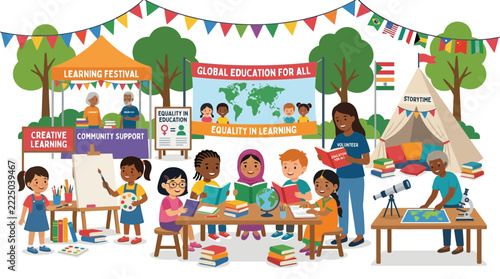 Diverse children learning together at global education festival outdoors