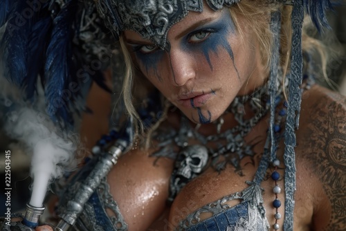 Fantasy Warrior Woman: Intense Gaze, Blue Makeup, Exotic Attire and Vape Smoke