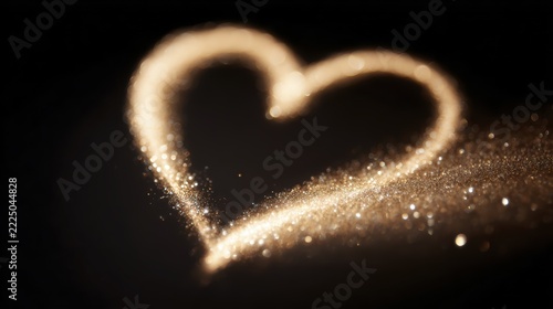 Glittering heart shape in sparkling golden dust on dark background