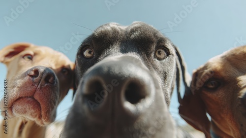 Curious dogs sniffing camera with blue sky background