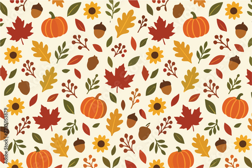 Seamless autumn pattern with fall leaves, pumpkins, acorns, sunflowers and berries, vector background