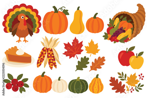Thanksgiving and autumn harvest elements set with turkey, pumpkins, cornucopia, corn, apples and fall leaves, vector illustration