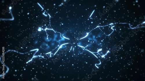 Energy streams flow outward from the center across a dark cosmic space background filled with glowing particles.