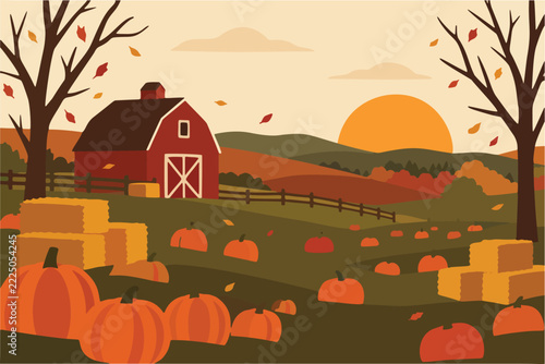 Autumn farm landscape with red barn, hay bales, pumpkin patch and sunset, flat vector illustration