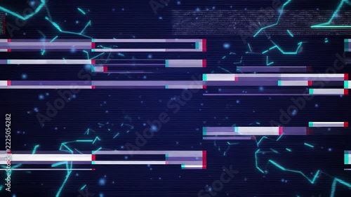 Glitch lines display digital artifacts and data corruption on a dark blue background.