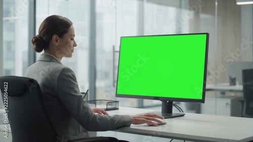 Businesswoman sitting at an office desk working on a desktop computer with a blank green screen display.