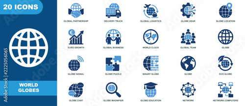 World Globe and Global Business International Connection Icon Set