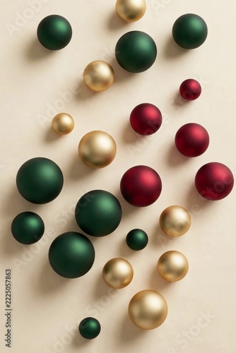 Flat lay of matte christmas baubles in deep green, crimson and gold floating on a warm cream background