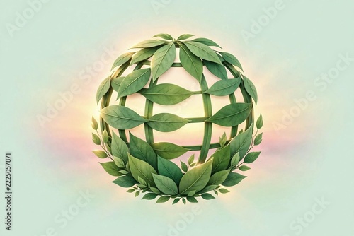 Layered green leaf globe symbol with soft dawn gradients on a pale mint background