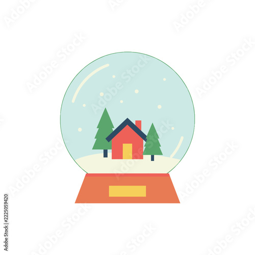 Snow globe with red house and pine trees minimal flat