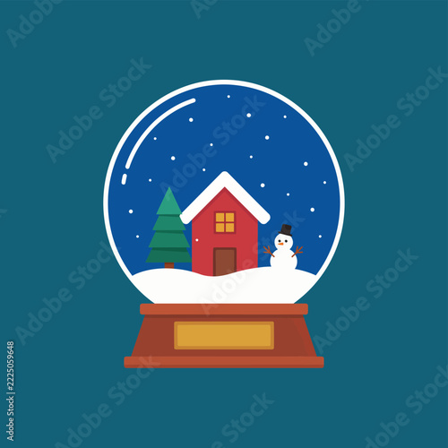 Christmas snow globe with house tree and snowman