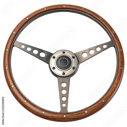 Classic wooden car steering wheel isolated on white background