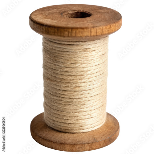 Wooden spool with natural twine isolated on white background