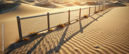 Chain-link fence casting distorted shadow on rippled sandy surface for urban photography blogs, texture overlays, and backgrounds