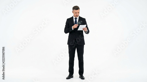 Businessman examining document with magnifying glass professional analysis search for details