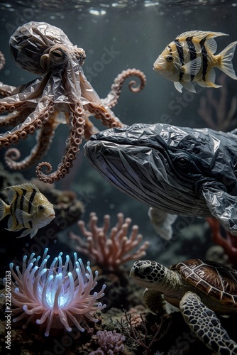 Ocean Plastic Pollution Concept with Marine Animals Made of Plastic Bags