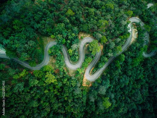 Top view aerial drone shot of winding road through dense green forest