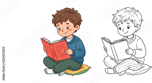 Cute Cartoon Illustration of a Smiling Boy Sitting Cross-Legged on a Cushion and Reading a Red ABC Book Isolated on a White Background