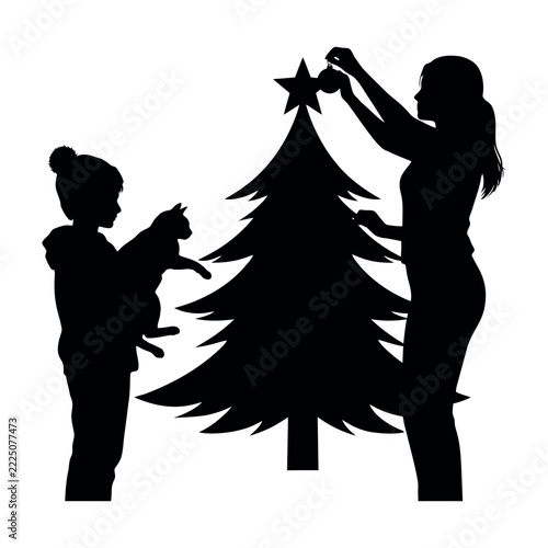 Family decorating a Christmas tree silhouette with child and cat
