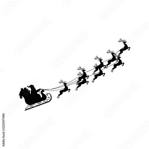 Santa sleigh pulled by eight reindeer flying silhouette