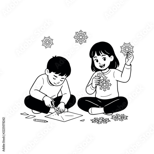Two kids making paper snowflakes with scissors line art