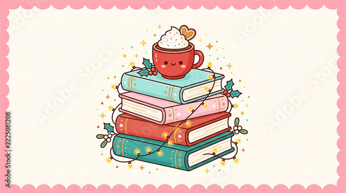 Cute hand drawn illustration of a stack of colorful books with a warm cozy coffee mug