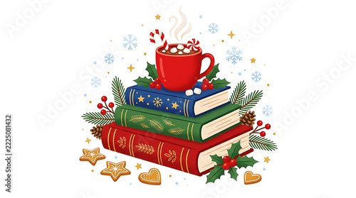 Cozy winter stack of books with a red mug and festive holiday decorations