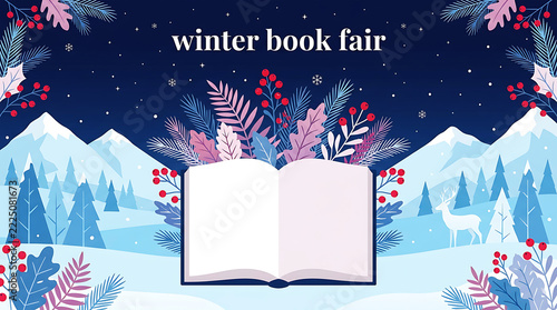 Open book with winter foliage and snowy mountains in a magical landscape