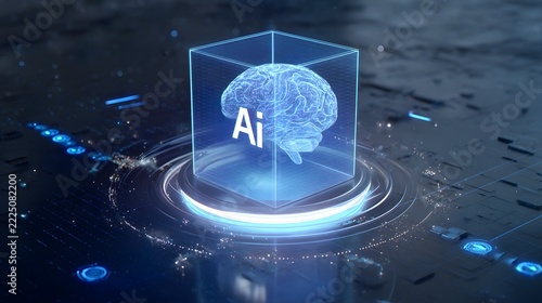Glowing AI brain hologram on futuristic circuit board platform