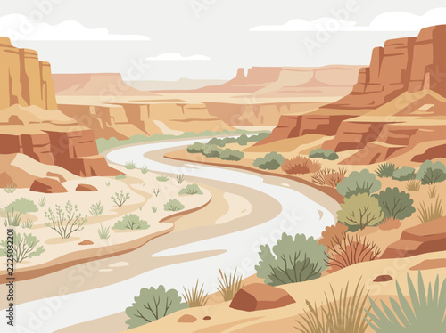 Illustrated desert canyon landscape with a winding river, red rock cliffs, and green shrubs in a flat vector style