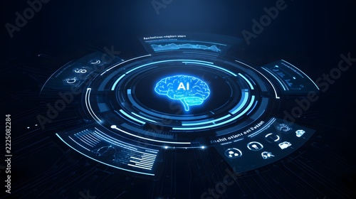 Glowing AI brain hologram on futuristic circuit board platform
