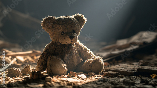 Worn Teddy Bear in Rubble War Aftermath Symbol