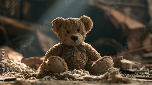 Worn Teddy Bear in Rubble War Aftermath Symbol - In Soft Light
