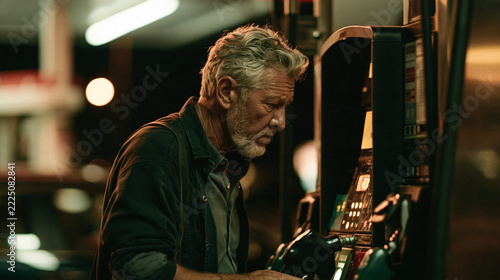 Worried Man Refueling Car at Night Gas Station - Looking at Pump