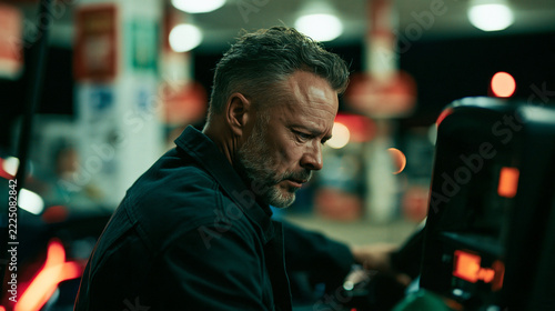 Worried Man Refueling Car at Night Gas Station